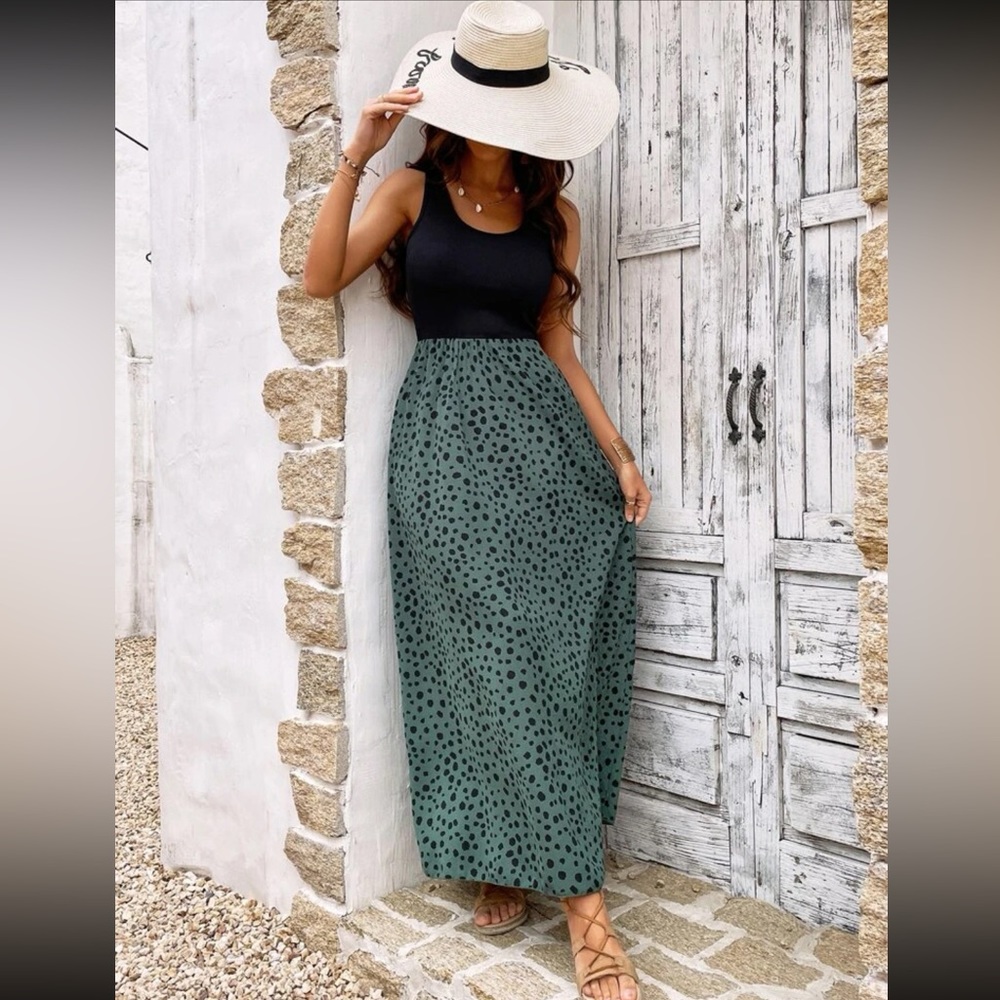 Boho Dalmatian print color block sleeveless maxi dress - Picture 6 of 15